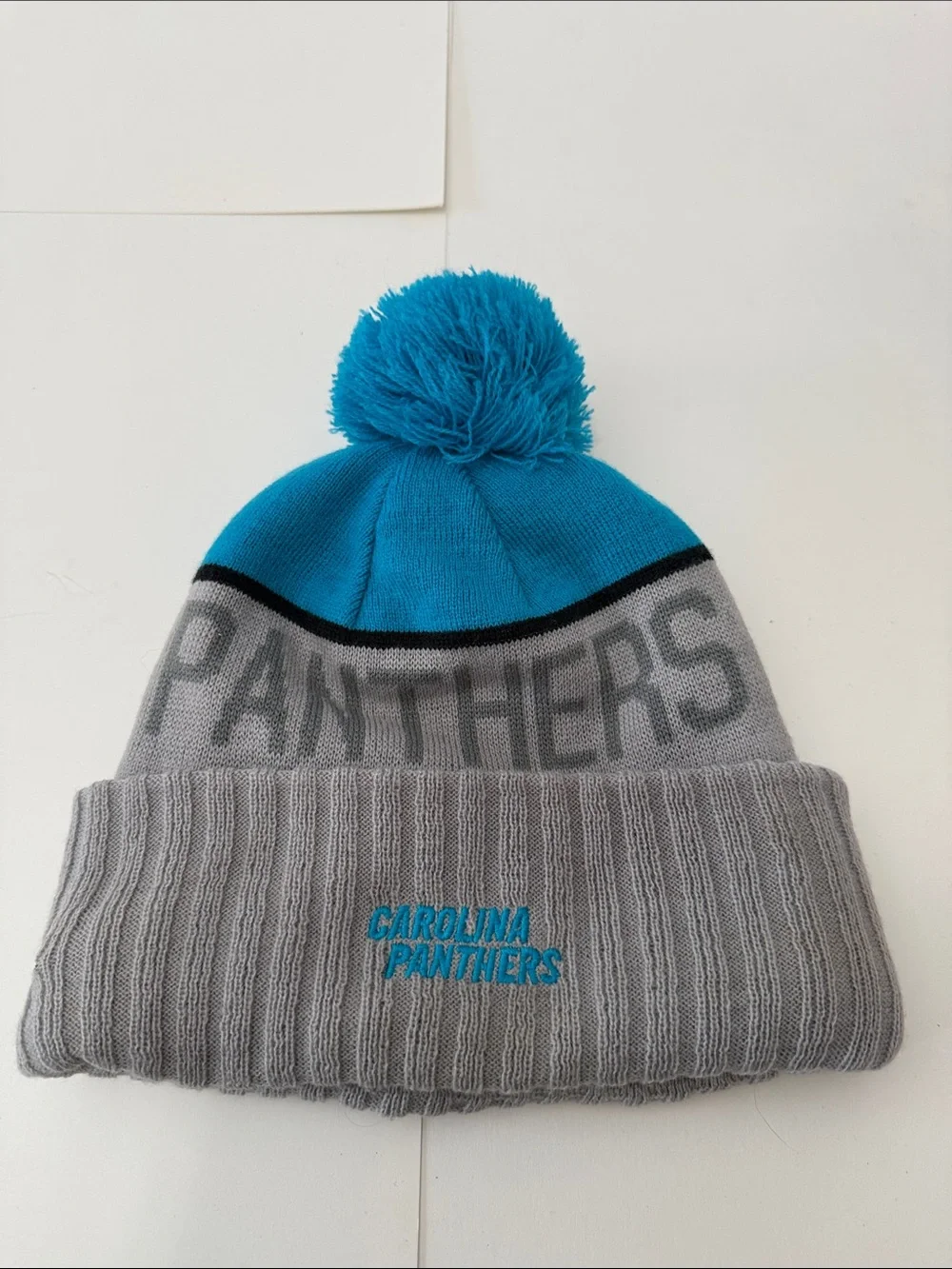 New Era Carolina Panthers NFL Gray and Teal Pom Beanie